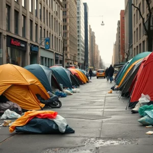 Scene depicting homelessness and addiction issues in an urban environment related to Mass. and Cass.