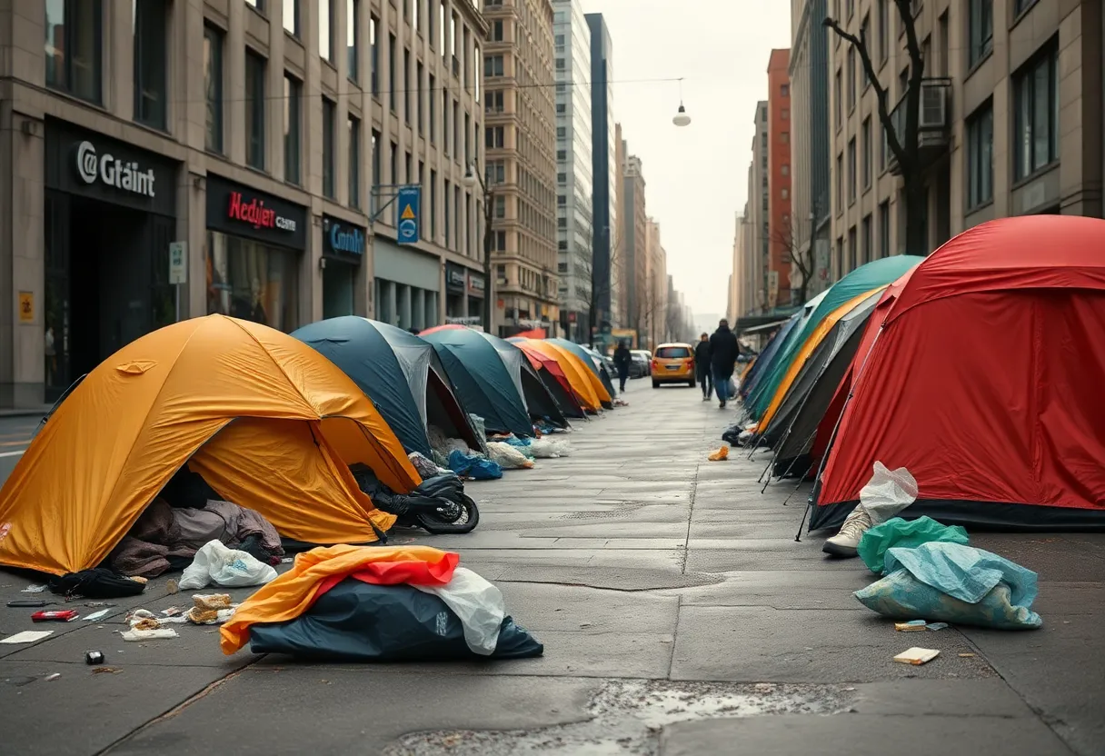 Scene depicting homelessness and addiction issues in an urban environment related to Mass. and Cass.