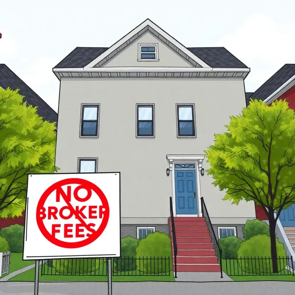 Sign indicating no broker fees in front of a residential building in Massachusetts