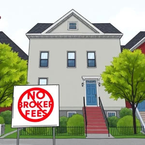 Sign indicating no broker fees in front of a residential building in Massachusetts