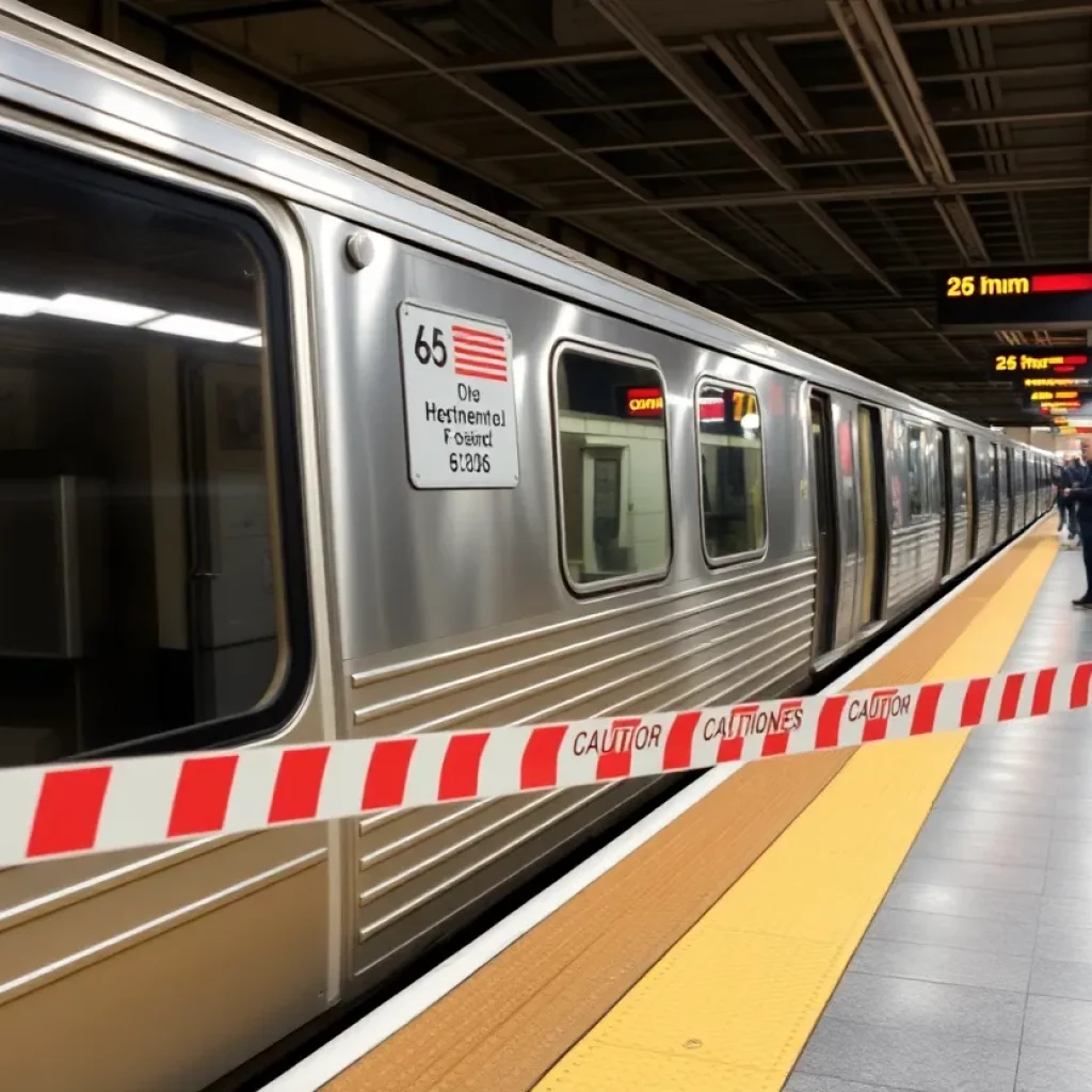 Boston subway train with maintenance workers during a Red Line shutdown