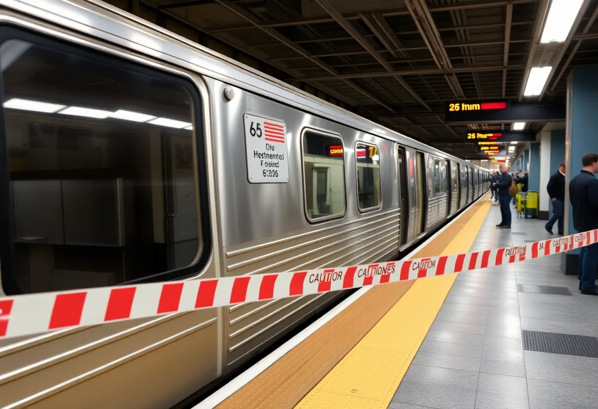 Boston subway train with maintenance workers during a Red Line shutdown