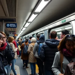 Busy MBTA subway station with various passengers boarding an accessible train.