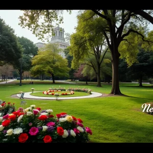 A park filled with flowers and trees, representing a memorial gathering for a beloved community member.