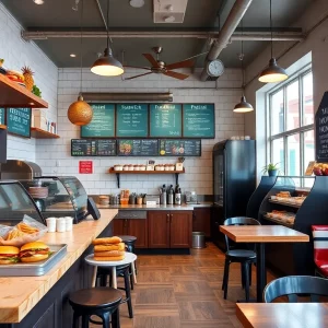 Breakfast sandwich shop interior with open kitchen and inviting atmosphere