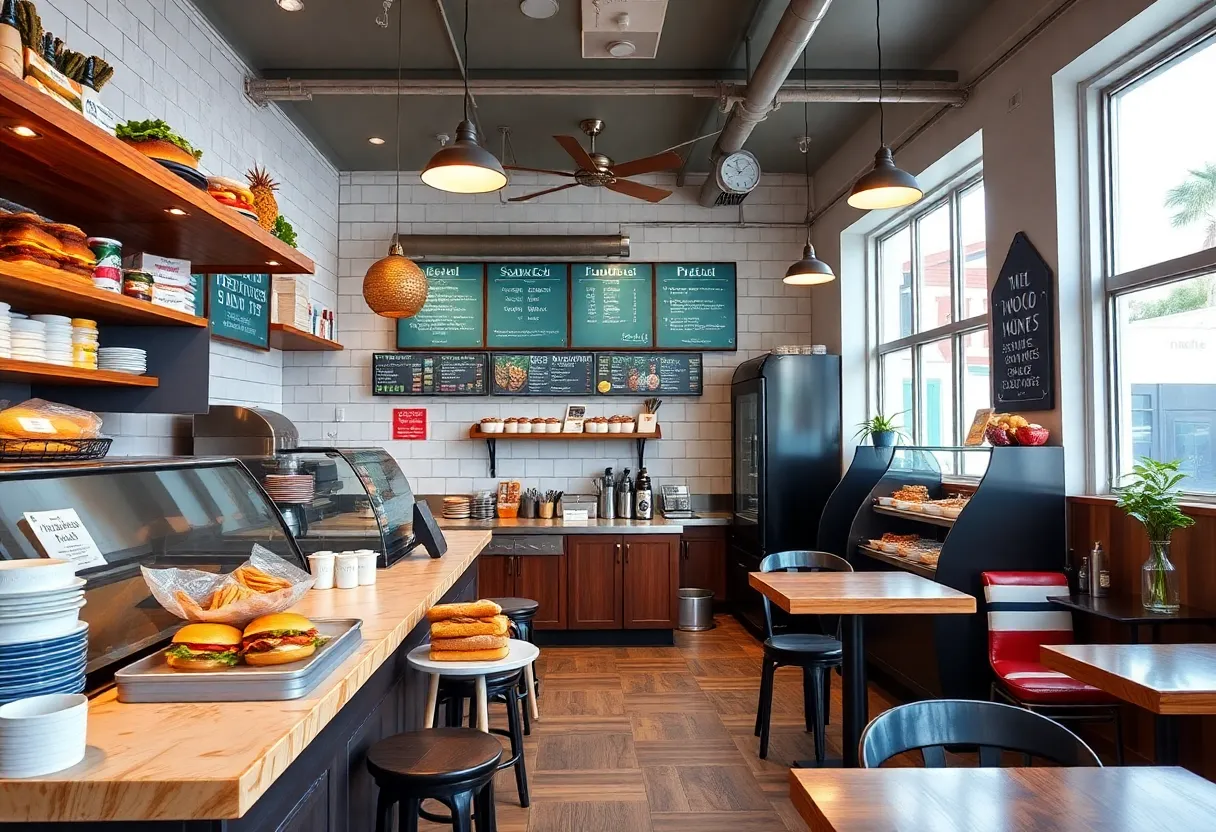 Breakfast sandwich shop interior with open kitchen and inviting atmosphere
