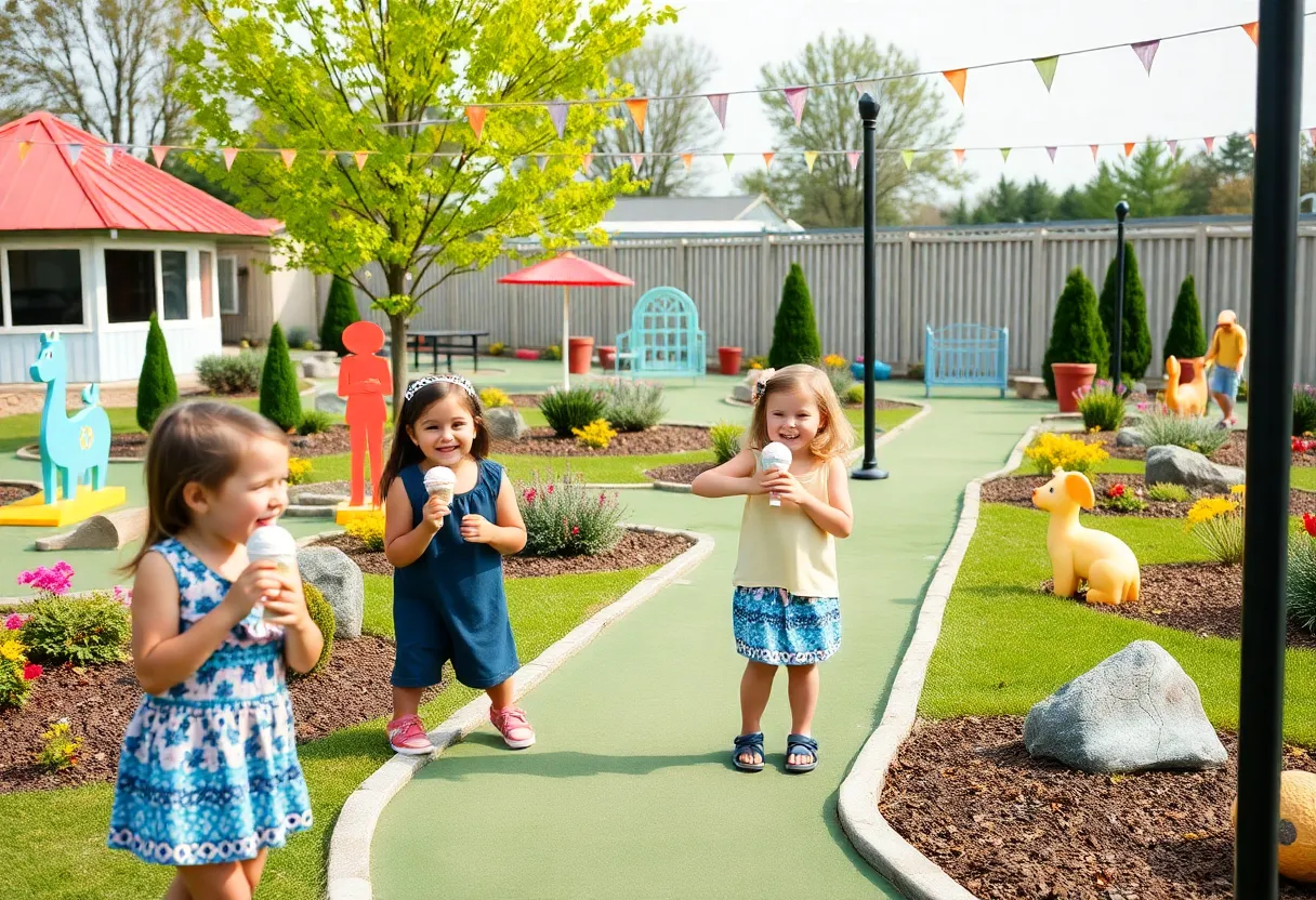 Families enjoying a mini golf course in Massachusetts