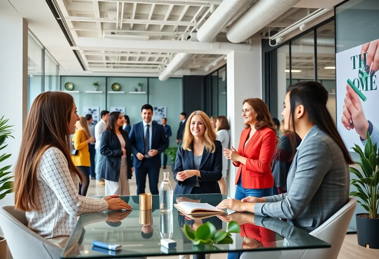 Interior of a matchmaking service office with diverse individuals engaging in discussions.