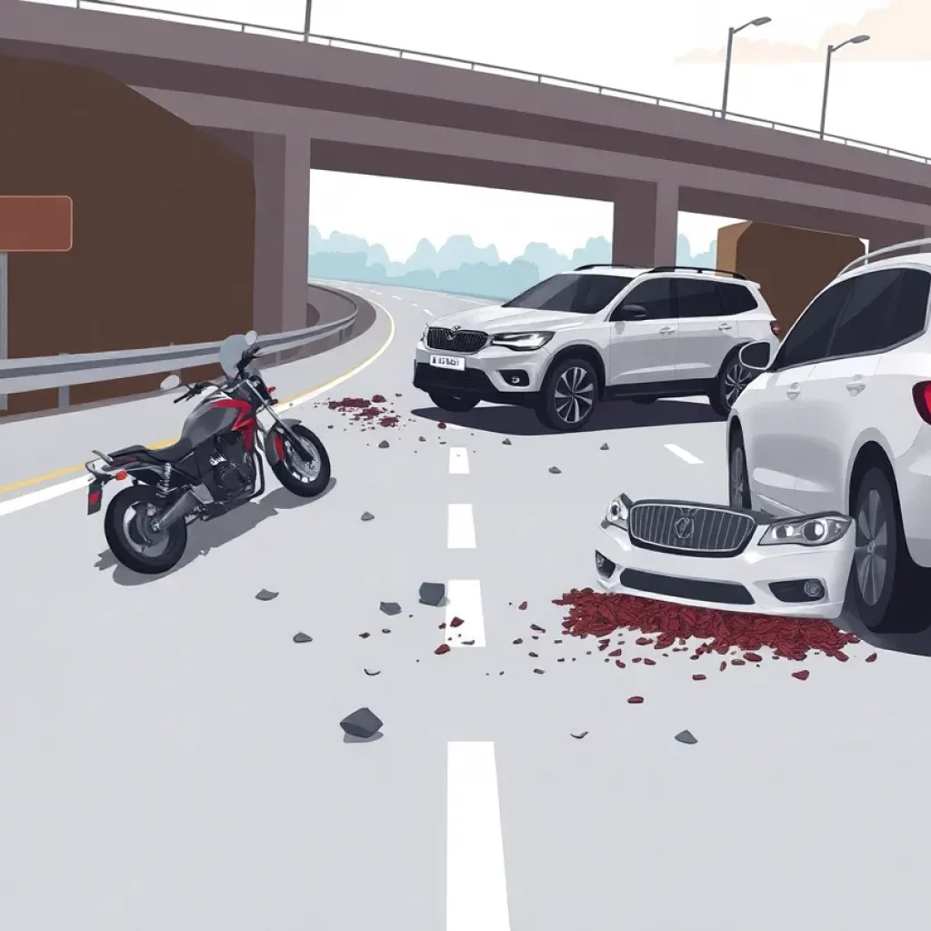 Illustration of a road accident involving a motorcycle and SUV