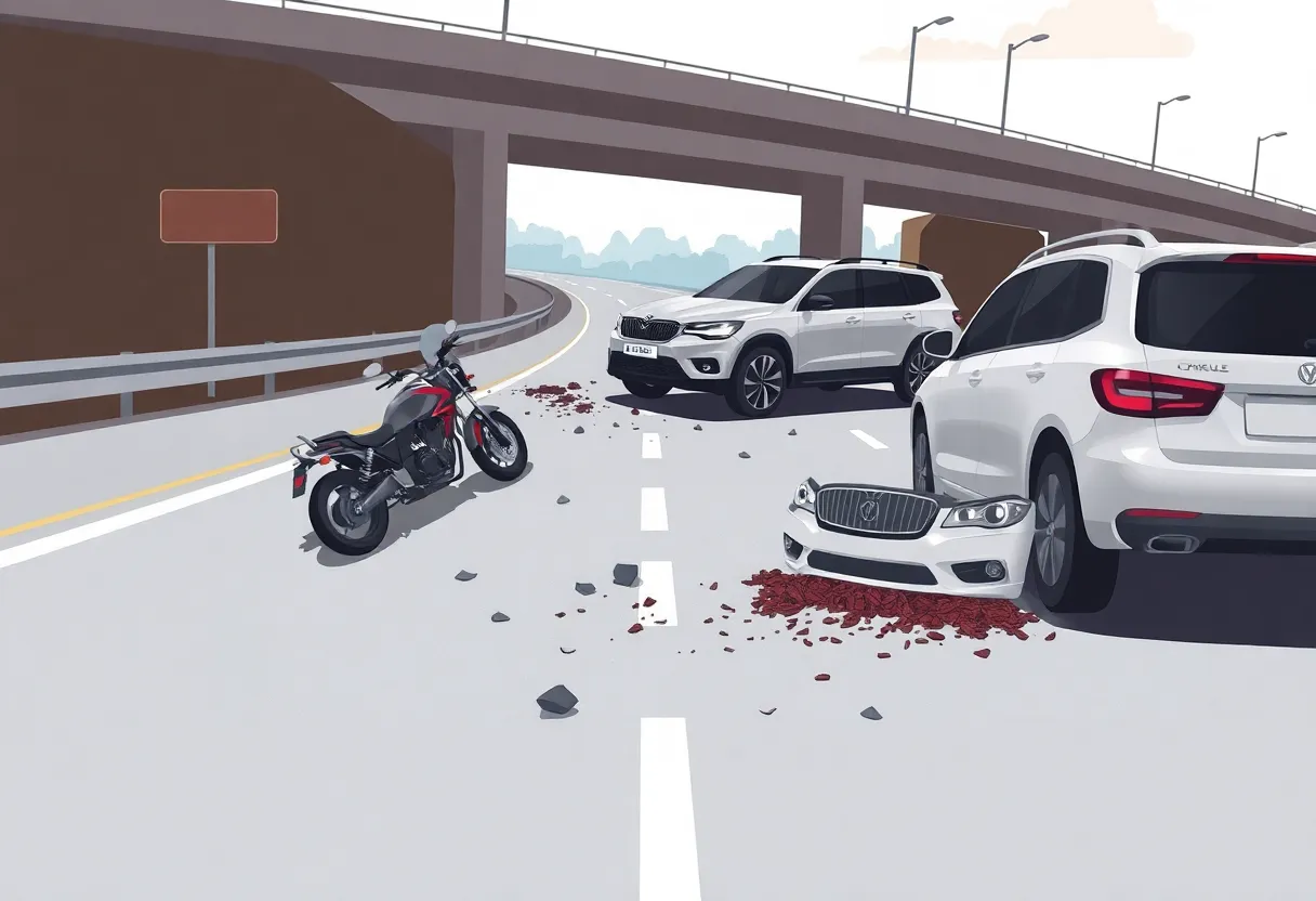 Illustration of a road accident involving a motorcycle and SUV