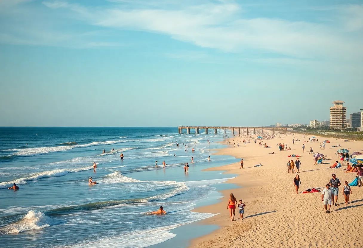 Scenic view of Myrtle Beach with beachgoers and the boardwalk