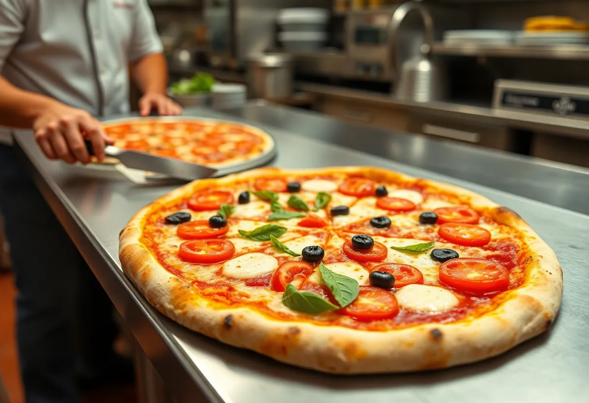 A chef preparing a Neapolitan pizza with fresh ingredients.