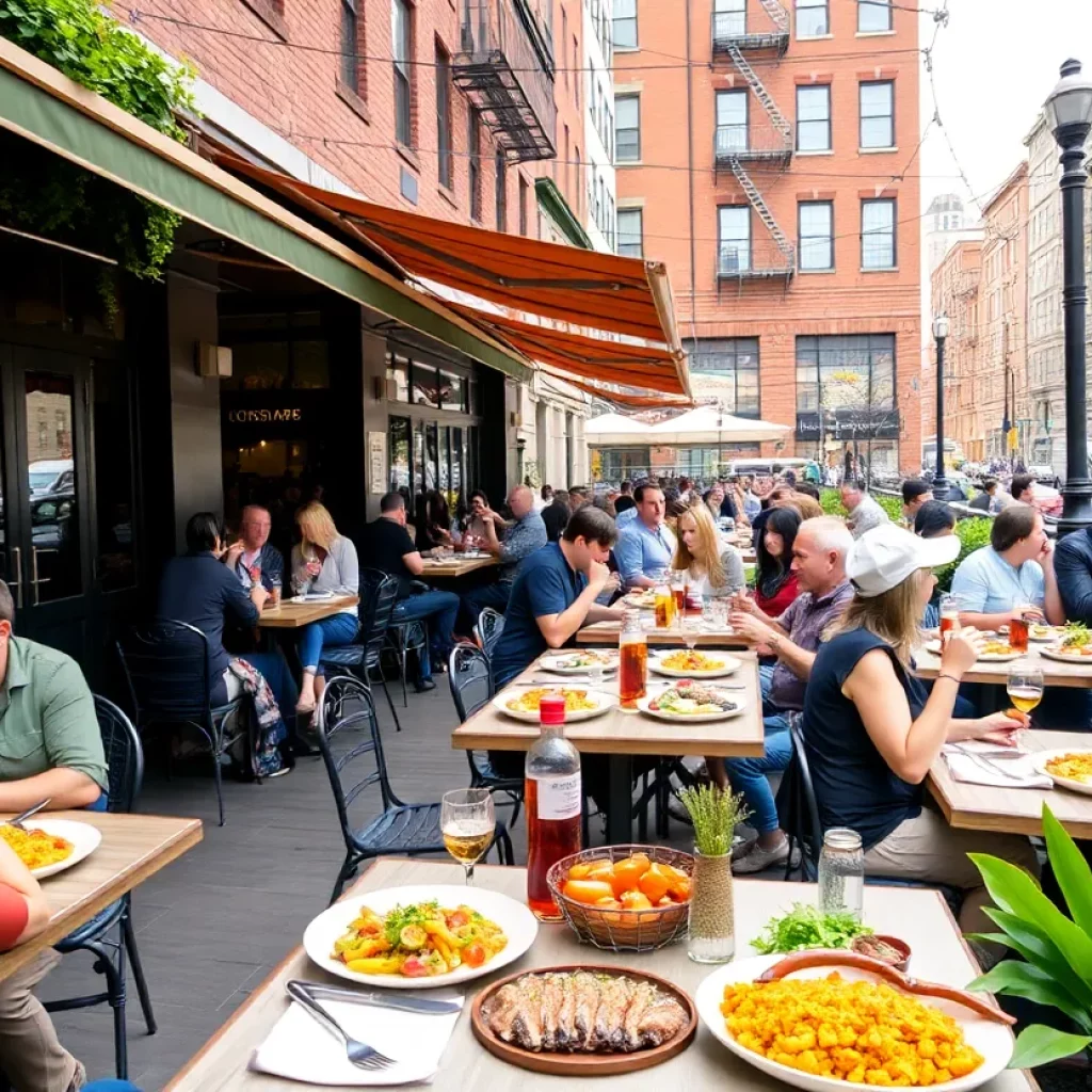 People dining outdoors at a new restaurant in Boston