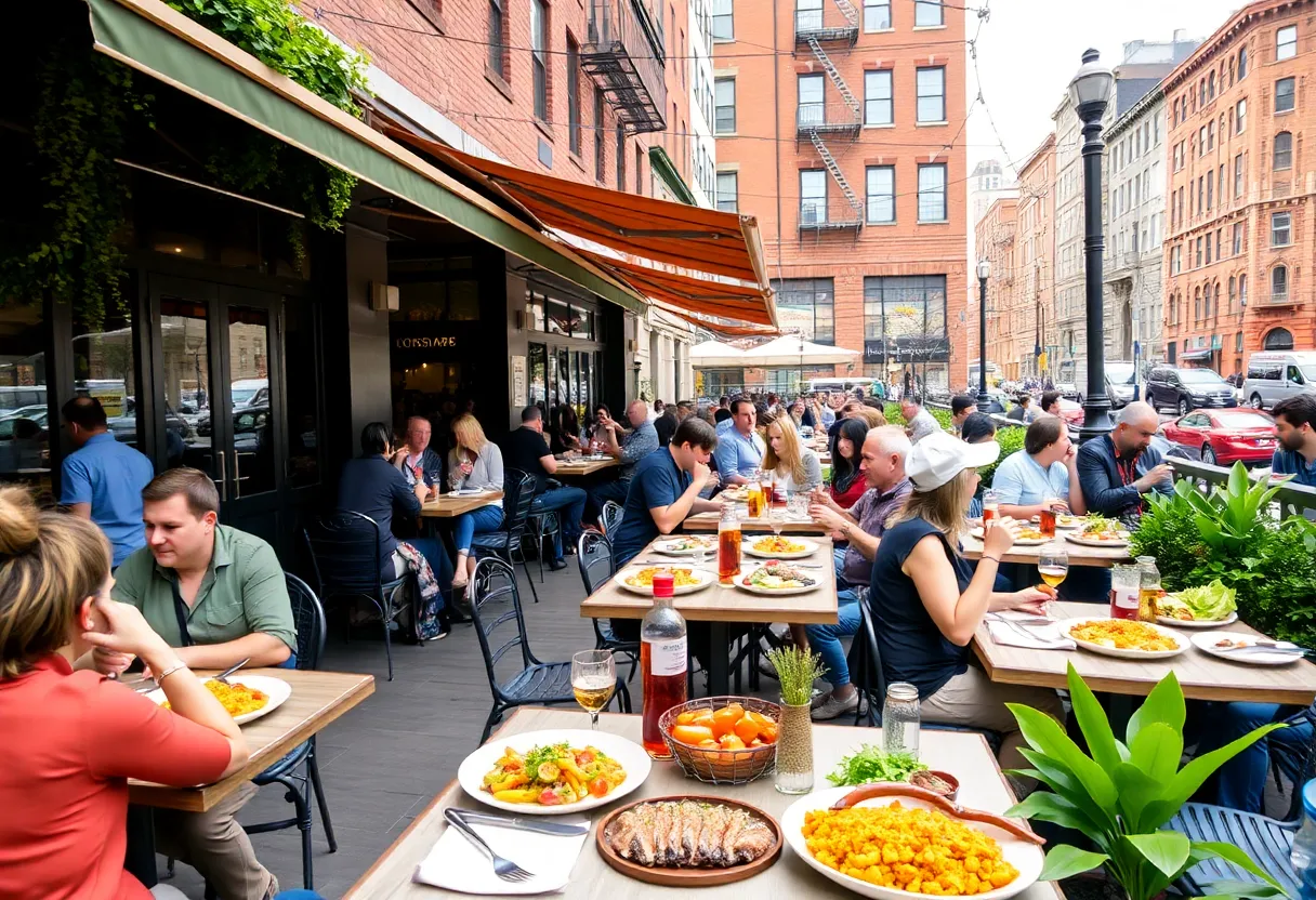 People dining outdoors at a new restaurant in Boston