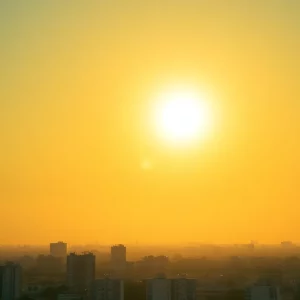 Image showing a city under a heat wave with clear skies and heat mirages.