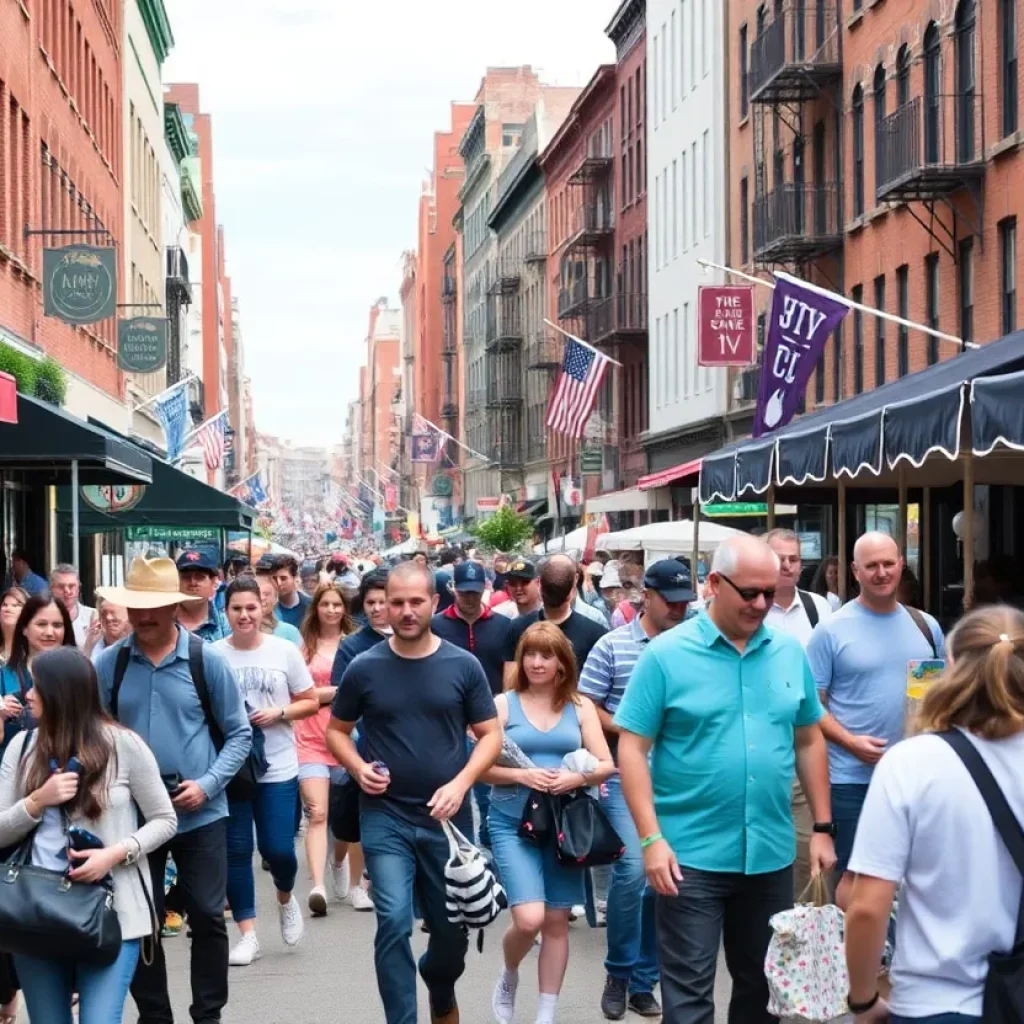 Families enjoying an outdoor community event on Newbury Street in Boston.