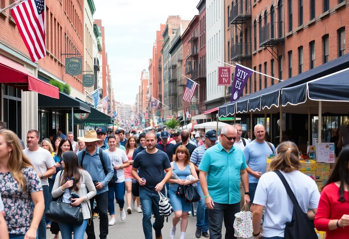 Families enjoying an outdoor community event on Newbury Street in Boston.