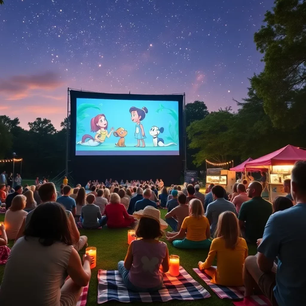 Families enjoying a free outdoor movie screening under the stars in Greater Boston