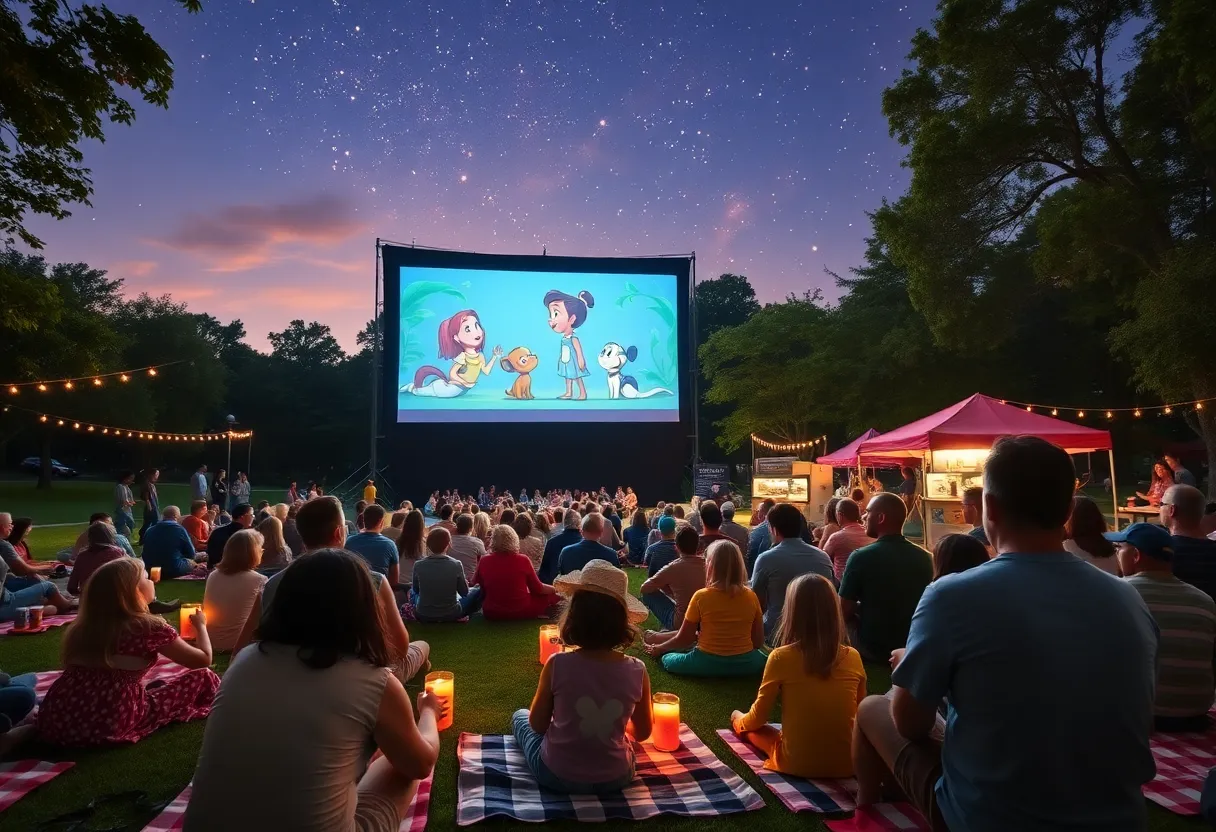 Families enjoying a free outdoor movie screening under the stars in Greater Boston
