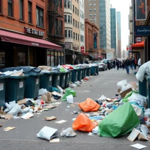 Overflowing dumpsters in a Boston street during the sanitation workers strike.