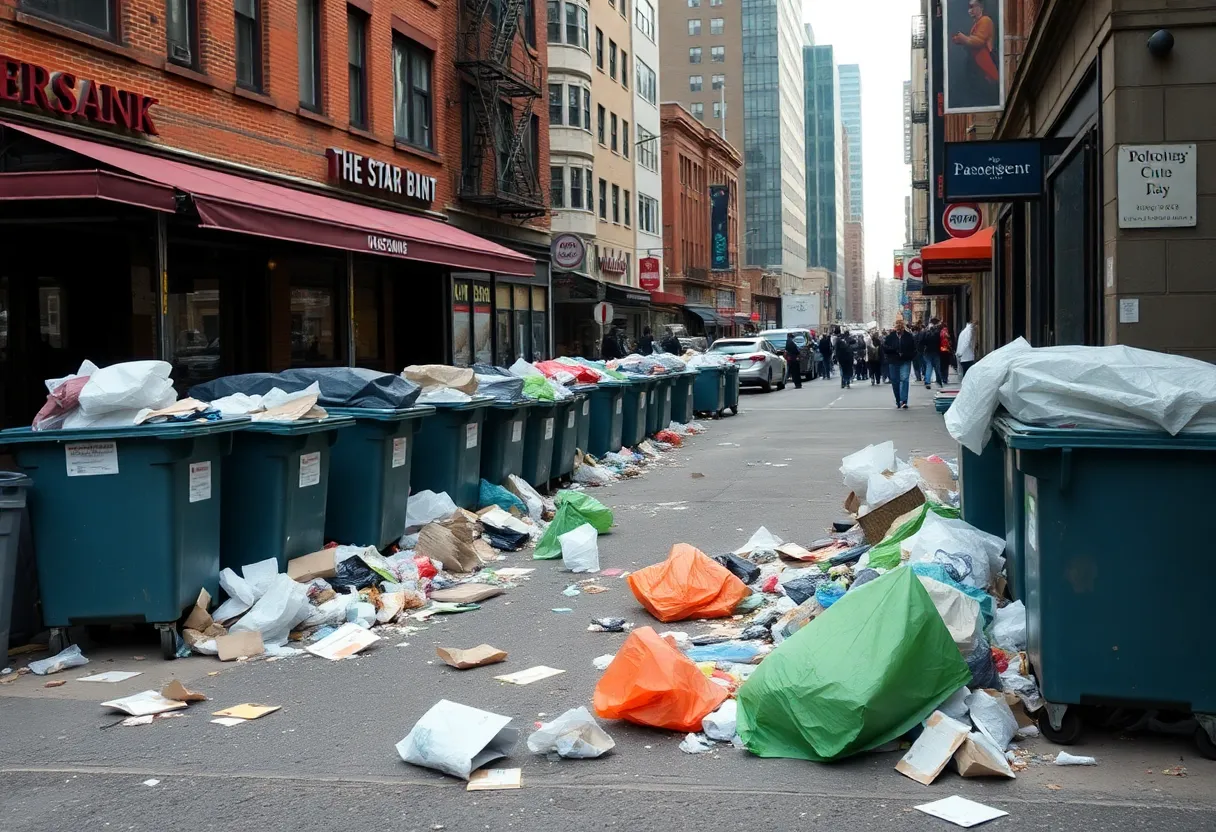 Overflowing dumpsters in a Boston street during the sanitation workers strike.
