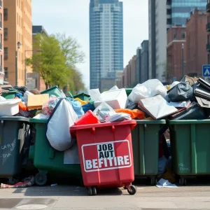Overflowing dumpsters in a city highlighting the fallout from a waste management strike.