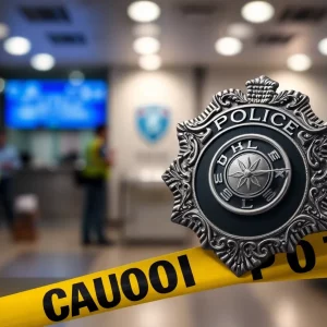 Police badge with caution tape in a police station's background