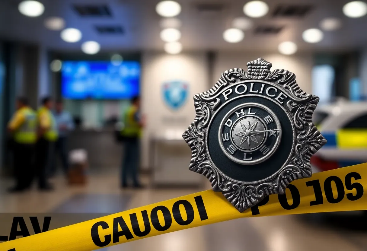 Police badge with caution tape in a police station's background