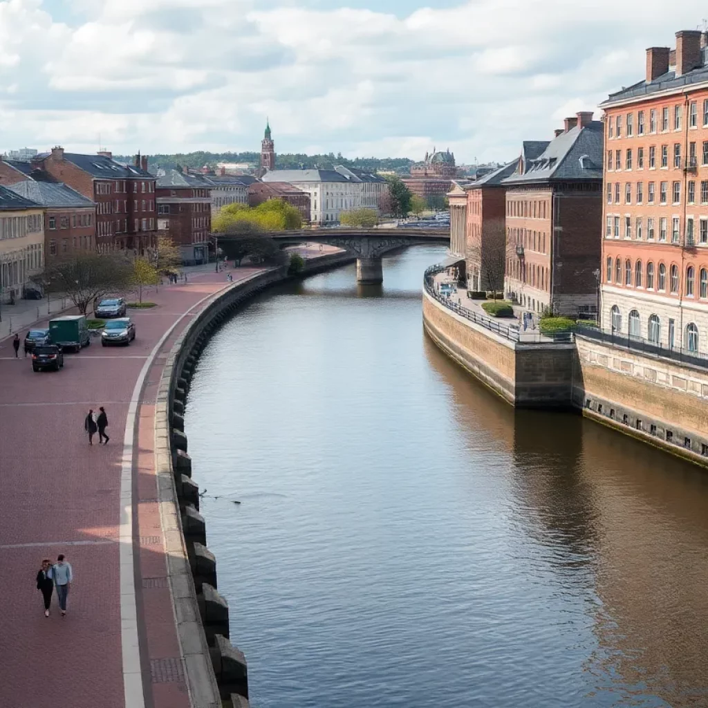 People strolling by the Providence River with artistic elements in view