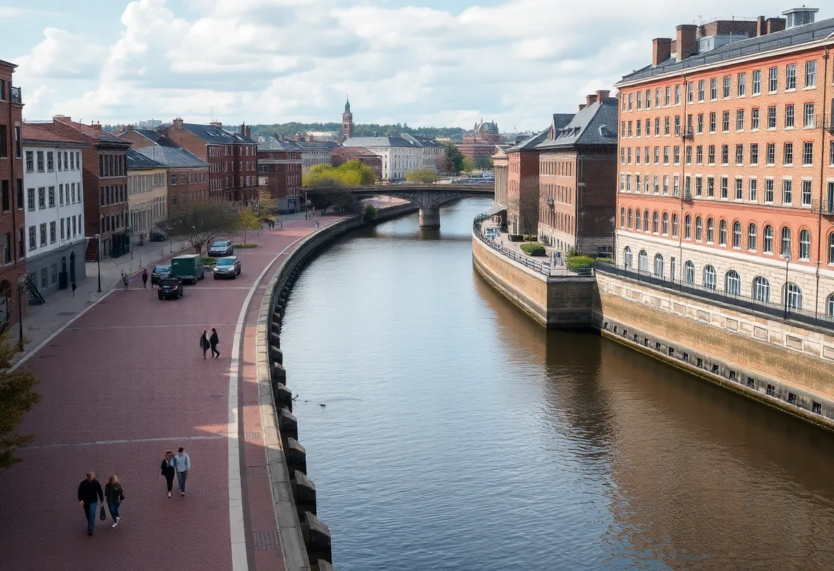 People strolling by the Providence River with artistic elements in view