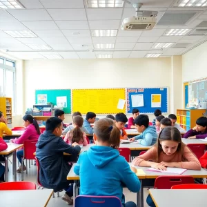 Students in a vibrant classroom engaged in learning activities