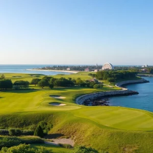 Golf course at Quidnessett Country Club with seawall