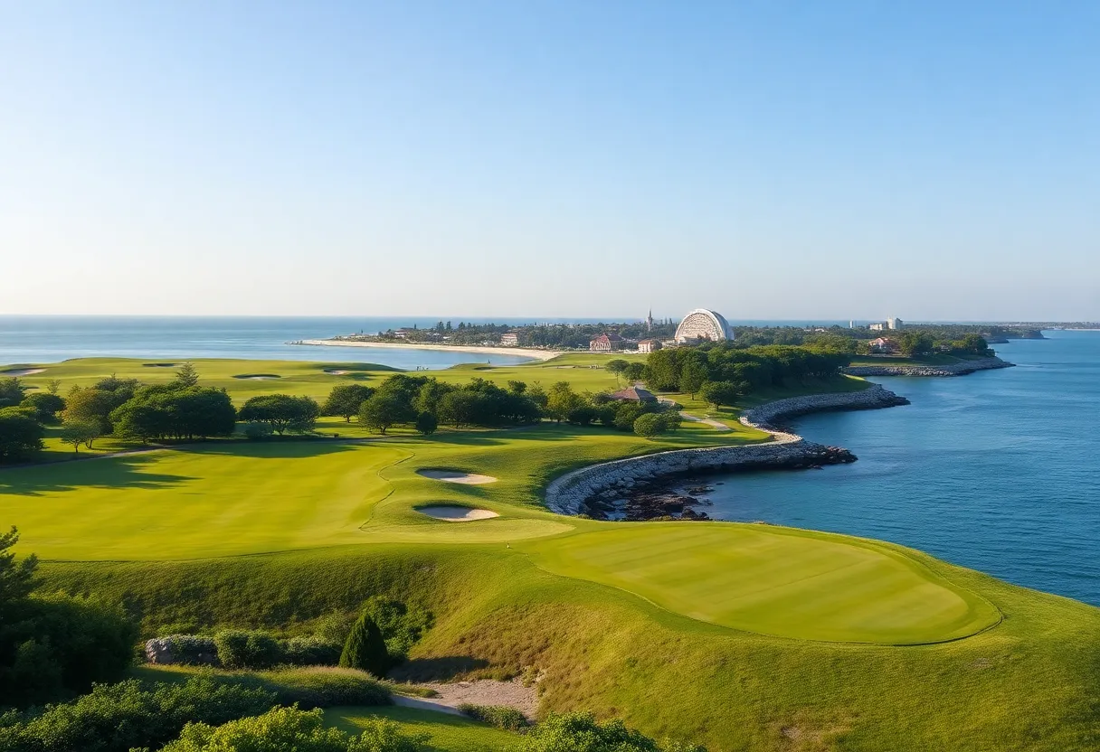 Golf course at Quidnessett Country Club with seawall