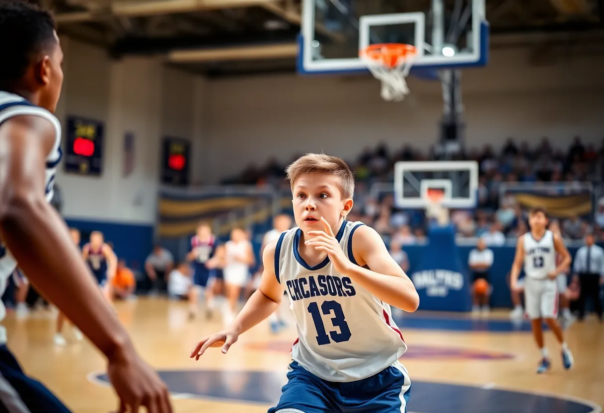 Young basketball player in action during a game