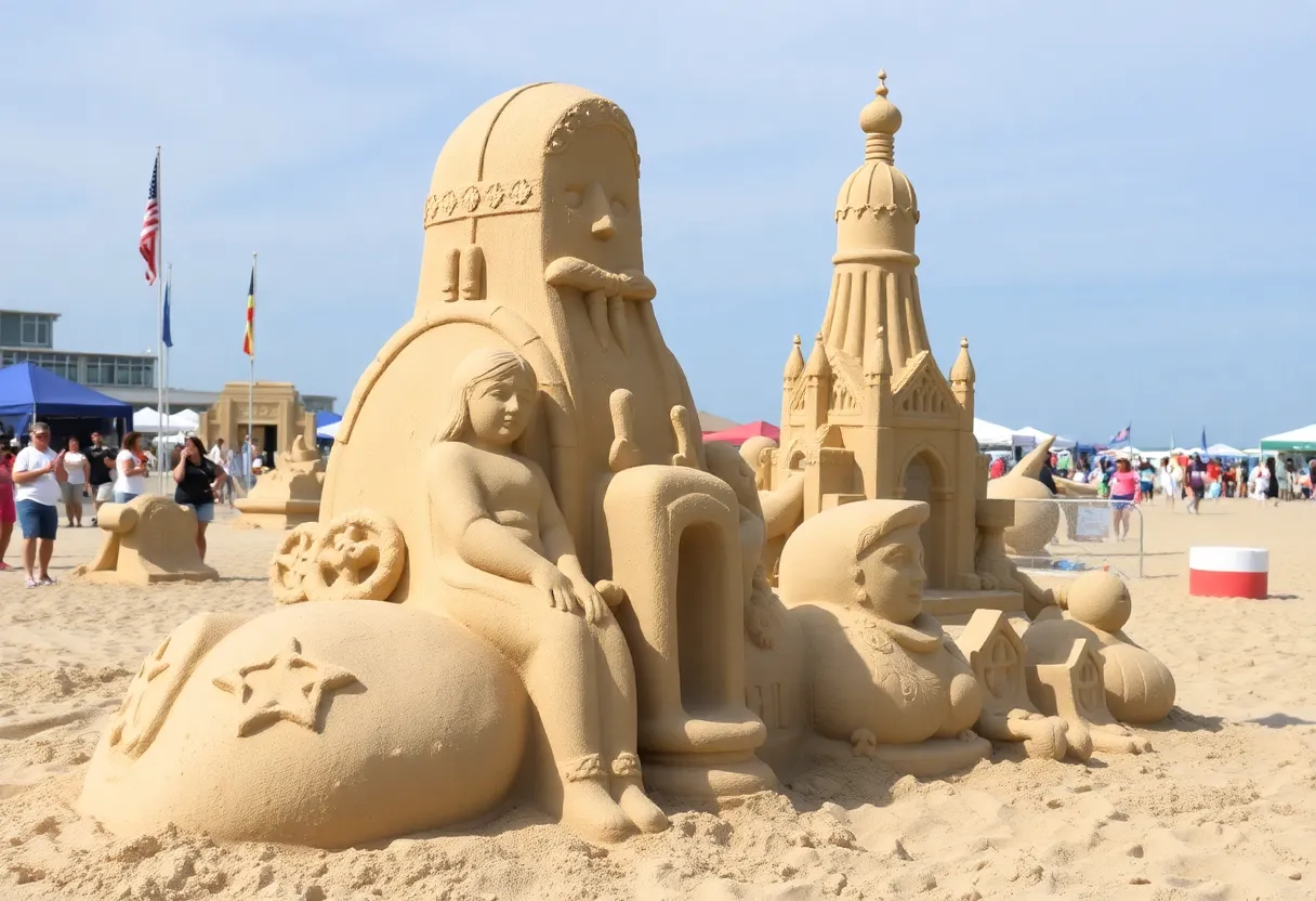 People admiring intricate sand sculptures at Revere Beach