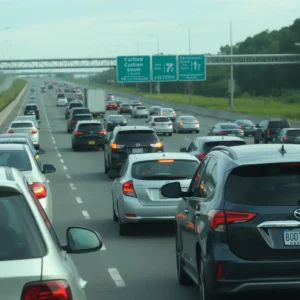 Busy highway scene depicting road rage situation