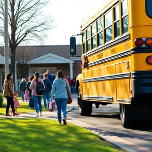 A school bus in front of an elementary school with children and parents.