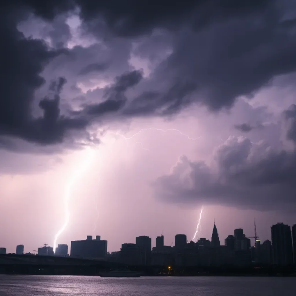 Dramatic thunderstorm with lightning over a city skyline