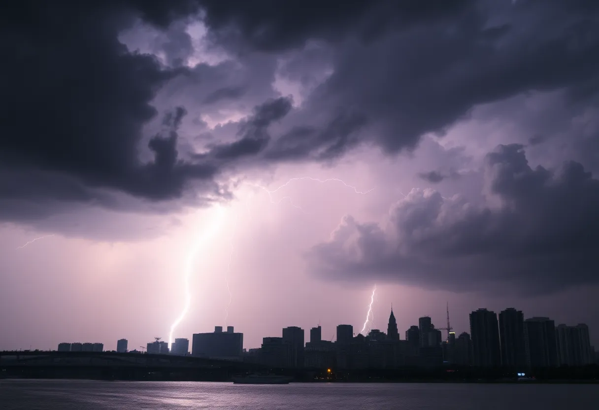 Dramatic thunderstorm with lightning over a city skyline
