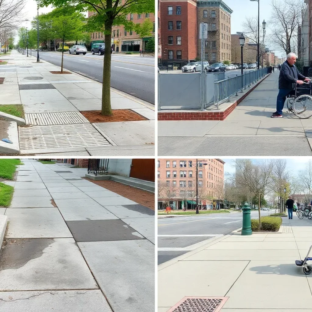 Illustration of Boston sidewalks with curb ramps and damaged areas