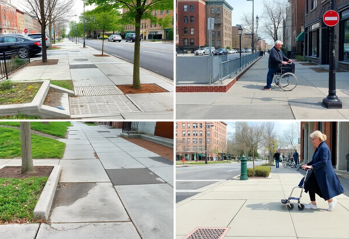 Illustration of Boston sidewalks with curb ramps and damaged areas