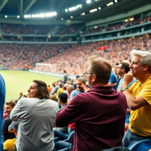 Soccer fans expressing mixed emotions in a stadium during a critical match.