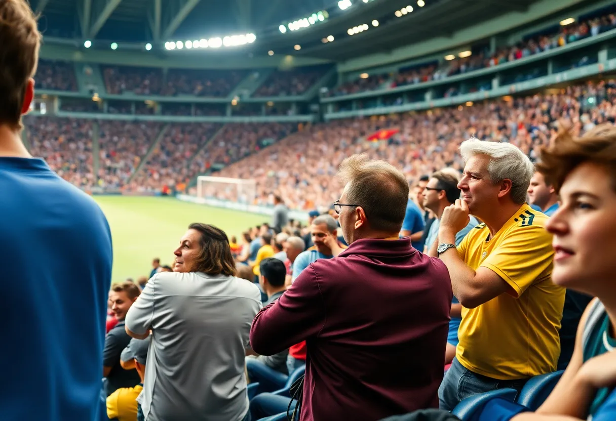 Soccer fans expressing mixed emotions in a stadium during a critical match.