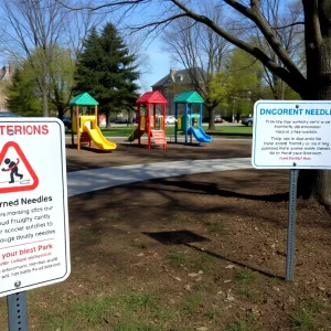 Park in South Boston with signs about safety regarding discarded needles