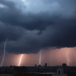 Dark clouds and thunderstorms over Boston skyline