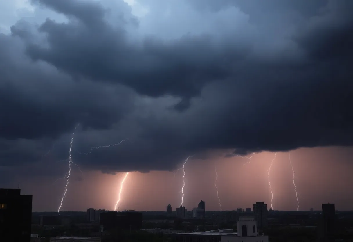 Dark clouds and thunderstorms over Boston skyline