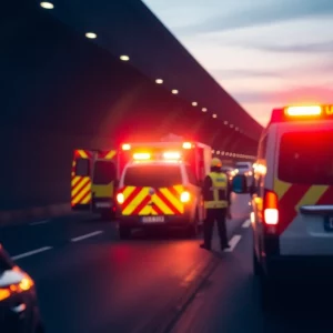 Emergency responders working at a vehicle accident scene in Sumner Tunnel