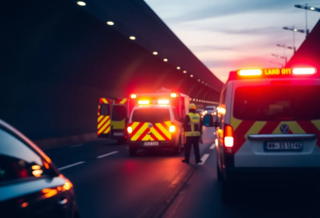 Emergency responders working at a vehicle accident scene in Sumner Tunnel