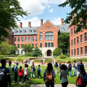 Campus of a top private high school in Boston with students.