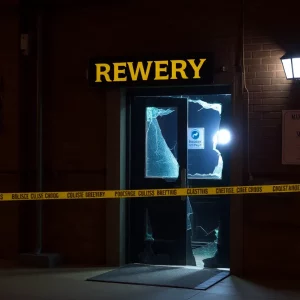 Police investigation at Trillium Brewing Company with broken entrance door